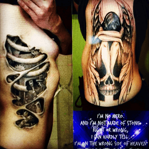 I would love to combine the angel/devil under the 3d ribs like on the left. Words to be added somewhere under or over in script which should have the last line 'and the righteous side of hell' (thanks to 5 finger death punch!) representative of my struggle with mental health and my struggles i had whilst serving in the military. #megandreamtattoo 