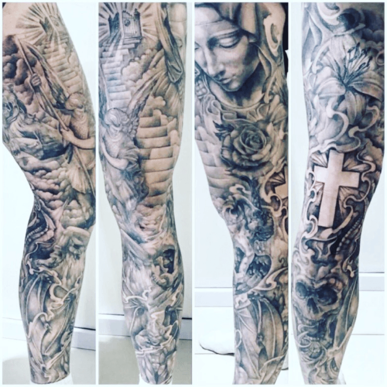 Grey Angel And Demon Tattoo On Full Sleeve For Men