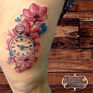 Clock and cherry blossoms tattoo#tattoo #marianagroning #karmatattoo #cdmx #MexicoCity #watercolor #watercolortattoo #watercolortattooartist 