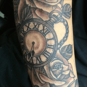 Rose and pocket watch half sleeve tattoos #rose #pocketwatch #time 