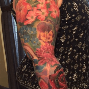 Close to being done!Flower sleeve - by L'il Dave @ Peep Show Tattoos