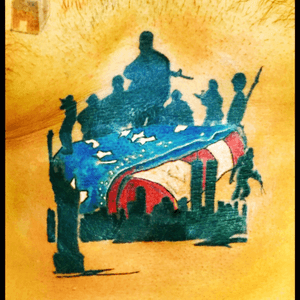 Custom tribute piece by Justin Burkhardt @undertheskintattooing on FB #foldedflag #nycskyline #patriotic 