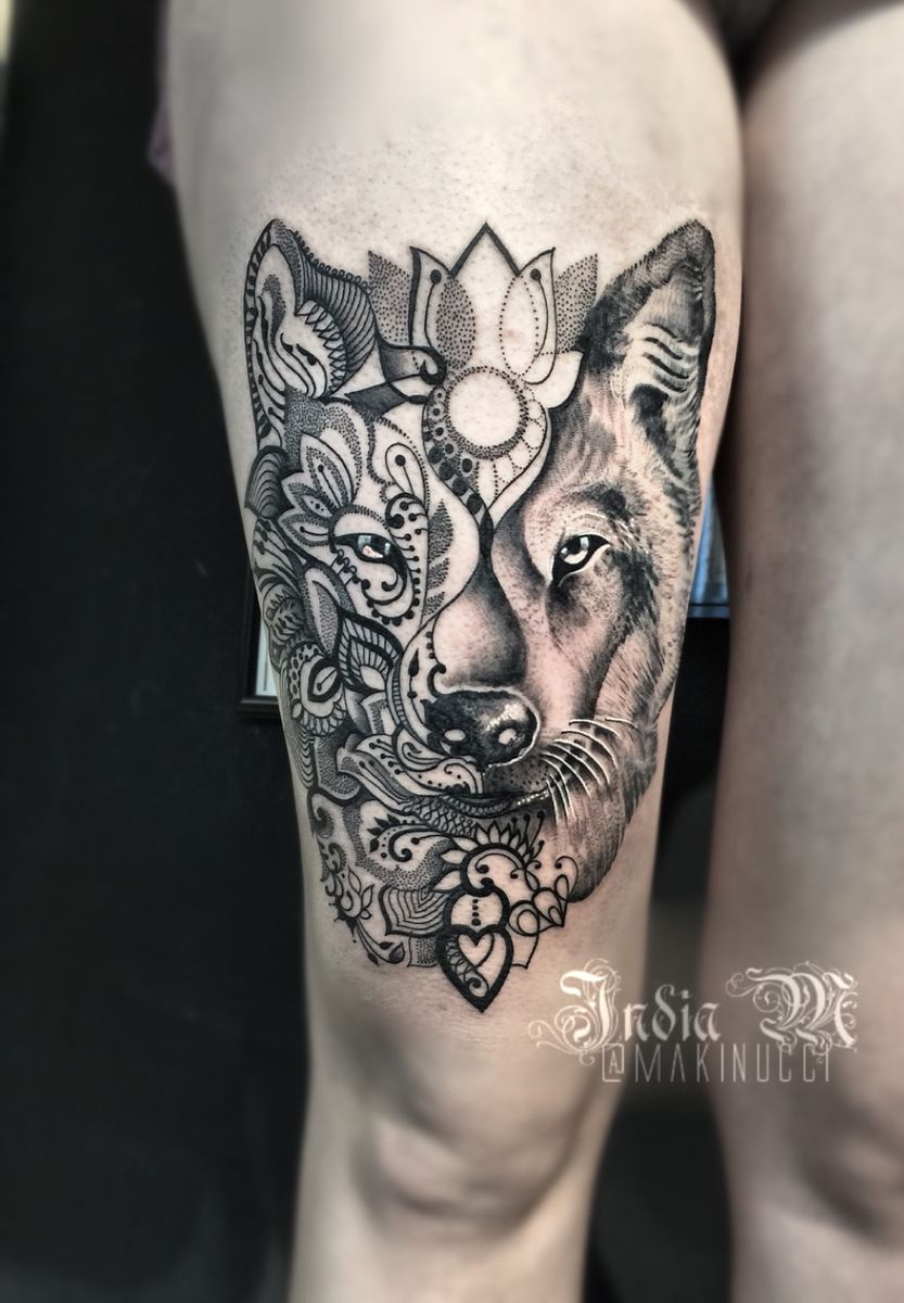 Tattoo uploaded by Makinucci • HALF ORNAMENTAL AND HALF B/G WOLF ON THIGH  #wolftattoo #wolf #dotwork #linetattoo #hybridstyle • Tattoodo