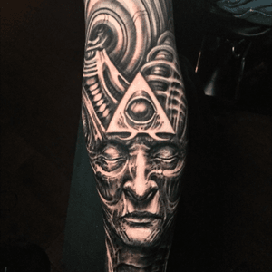 Biomech face with all seeing eye tattoo by @jeremiahbarba out of orange county Ca. U.S To book. Email: Jbarbatattoo@gmail.com 