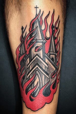 Church + Fire #burningchurch #traditional #traditionaltattoos #colortattoo 