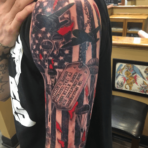 WW2  themed artwork done by Jason at Olde Line Tattoo in Hagerstown Md . The owner Dave K was ink Masters not to long ago . Legit shop an couldnt be any more happier .