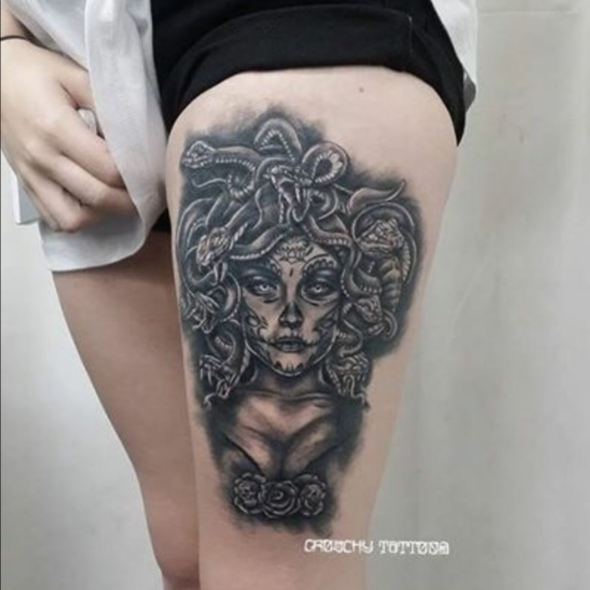 Tattoo uploaded by Tianna • My Medussa on my thigh #medusa #medusatattoo  #blackAndWhite #blackandgreytattoo #snakes #skulls #dayofthedead # thightattoo • Tattoodo