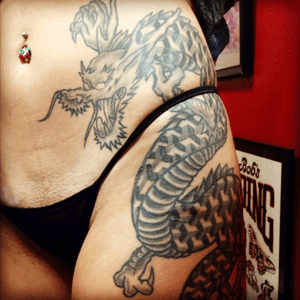 Geometric japanese dragon  #dragon #geometric #sexy #hiptattoos  #hip #thigh