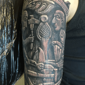 A woodcarving tattoo I did last week, will become a full sleeve. From the Hylestad portal, the doorway of a famous Norwegian stave church 
