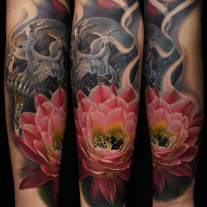 Second sitting for my sleeve, two days back to back. Feb 2016.  #skull #cactusflower #philgarcia #realism #color #fullcolor 