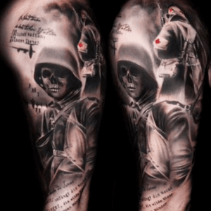 #megandreamtattoo looking for a military type theme for a half sleeve. I would incorporate some of the style here but add a few items like airborne troops from the plane and change the medic to an image of saint michael the patrion saint of the airborne. All is open to additional ideas. Wanting something original. 