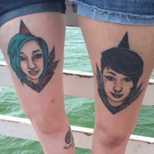 When you and your best friend get each others faces tattooed on your thighs because why not. Done by Andi Evrard and Sean Kreitlow at Brave New World California in Upland CA. #bestfriendtattoo #portrait #colortattoo #neotraditional 