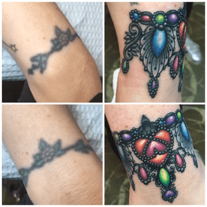 Before and after of a wrist cover-up jewelry tattoo i made a few weeks ago at Grit N Glory! For tattoo appointments email tattoo@meganmassacre.com ✨ #coverup #wristtattoo #jewelry #bracelet #jeweltattoos 