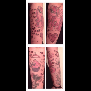 My Half Sleeve #tattoo #tattoos #tattooed #ink #inked #halfsleeve #mylittlepony #heartdiamond #cupcake #leopardprint #hanger #bows #anchor #stars #razor 