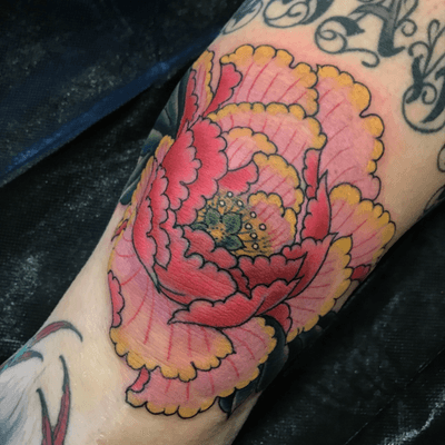 Peony on Miss Tawnie. Thanks again for sitting so tough girl! #capturedtattoo for all appts email Beau@capturedtattoo.com 