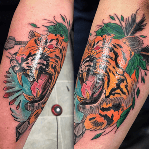 Cool tiger design my client brought in #tiger #tigertattoo #colortattoo 