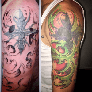 Biomech coverup from 2 years ago. Stil few hours to tinish it off #tattoo #tattoos #biomechanical #bioorganic #color #colourtattoo #coverup #turdpolishing #coveruptattoos #eternalink 