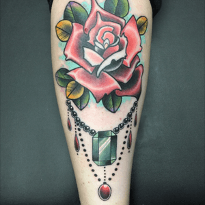 Rose with Emerald & Jewles by @BobbyCupparotattoos #NJink #roses #jewels 