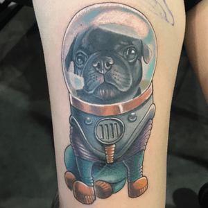 Space pug won tattoo of the day ink and arms sunday. #millsoriginal #jacksonvilletattoocompany #nctattooers #spacepug #PugTattoo #tattoooftheday #newschooldog 