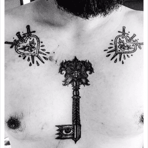 Tattoo done by my friend Maxime Chalhoub!!Illustration Tom Gilmour #tattoo #dotwork #key #blackandgrey #blackandgreytattoo #chest 