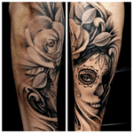 Sugar skull portrait #customink #tattoo #tattooist #tattooartist #sugarskull #blackandgreytattoo #blackandgrey #roses #cambridge 