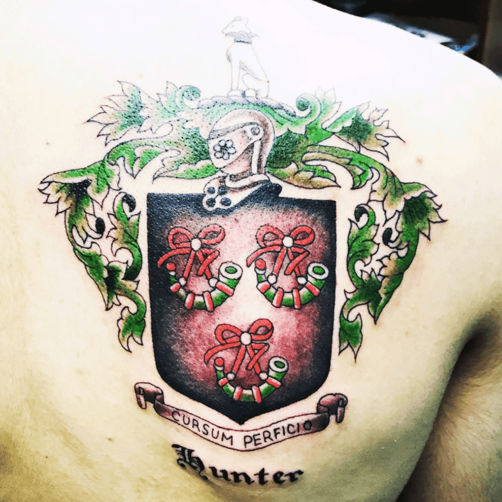 Family Crest Coat Of Arms Tattoo On Shoulder  Family crest tattoo Crest  tattoo Shoulder armor tattoo