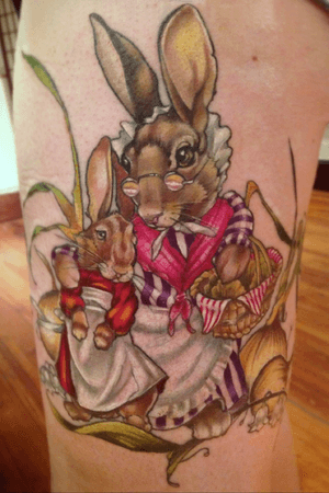 Fairy tale rabbit tattoo #rabbit #rabbittattoo #fairytale #aubreymennella #illustrative #IllustrativeTattoo #thightattoo 