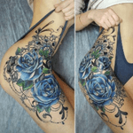 #Blue #roses #flowers #ornate #mandala #leaves #Foliage #black - #tattoo on #side #hip #upperleg - #artist unknown 