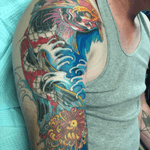 Koi dragon 1/2 sleeve in progress. Legend has it that Koy at the end of their life return of the Dragon gate. If they are able to cross over the dragon gate they turn into a dragon-if not they float downstream and die