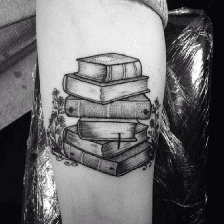 My stack of books tattooed by Nikki Jo at Gully Cat Tattoo in Austin  Texas  rtattoos