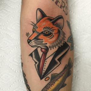 Fox on @tattooedflyfisherman #fox #foxtattoo #traditionaltattoo 