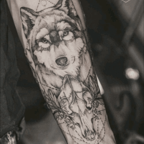 Wolf and animal skull tattoo #wolf #animal #skull 