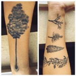 Both forearms. Floral piece is a band. #trees #nature #floral #floralband #forearmtattoo #blackandgray #linework 