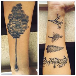 Both forearms. Floral piece is a band. #trees #nature #floral #floralband #forearmtattoo #blackandgray #linework 