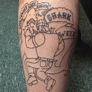 This is a fun one. This is an illustration of mine from before I started tattooing...a friend joked that he wanted it as a tattoo. Well here it is lol! Still got color left.#workinprogress #shark #sharkweek #sailor 