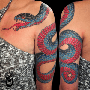 Snake Tattoo. #snake #snaketattoo #japanese #japanesetattoo #tattoooftheday #color