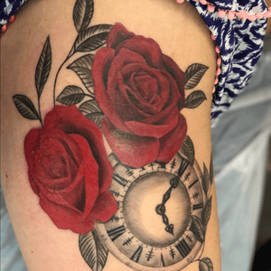 Deep red rose and clock tattoo, custom design #roses #rosestattoo #clocktattoo #clockandroses#girlytattoo #redroses 