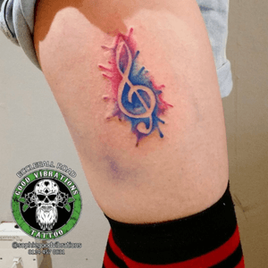 Musical note tattoo by Sophie Herrick at Good Vibrations Tattoo #music #trebleclef #watercolor 