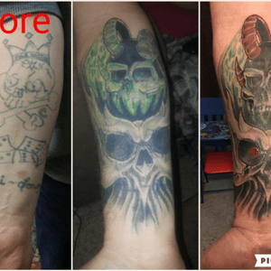 Beginning, middle and almost the end of this piece #TheHutTattooStudio #Forearm #Skulls #coverup #CoverUpTattoos 