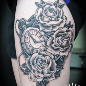 Pocketwatch and rose thigh tattoo #rose #time 
