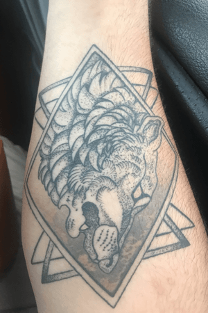 Wolf woth geometric back ground, stippling inside wolf and shading at the nose.