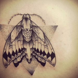 5th tattoo: Moth with triangle (more or less in common with my boyfriend). Done by Julyloutattoo (Belgium)
