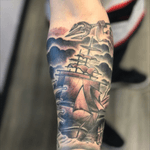 Inside of forearm, Shipwreck with Poseidon also done by Wes Fant at Adorn Body Art in Portland,OR