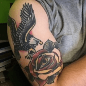another no filter, neotraditional rose and sailor jerry eagle. all of these pieces are immediate family representative. thats the plan with the half sleeve 