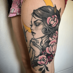 Healed photo #jeffnorton #tattoo #flower #hummingbird #art #moon #girl #thightattoo