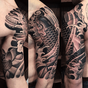 Japanese tattoo. Half sleeve. Koi and Lotus black and grey tattoo