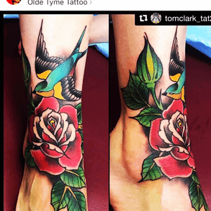 Traditional rose and sparrow.  This is a coverup of initials on ankle where the green rosebud is. #sparrowtattoo #rose #traditionaltattoo #roseandsparrow