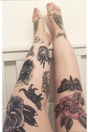 My legs. Knees by Rick Von Long (Sacred Art, Manchester), Feet by Stewart Robson (was at Frith Street Tattoo, London), branch cat by Marko (Sacred Art, Manchester), flower crown cat by Aimee Bray (Black Stone Tattoo, Todmorden), black cat portrait by Alex Wright (was at Sacred Art, Manchester), moth (Manchester Tattoo Emporium, rehit by Aimee Bray), ankles (Manchester Ink).