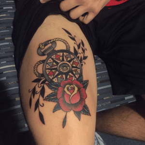 american traditional compass and red rose