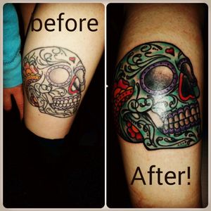 #sugarskull #calf #igotitredone #bright #inkedgirl #improvement 